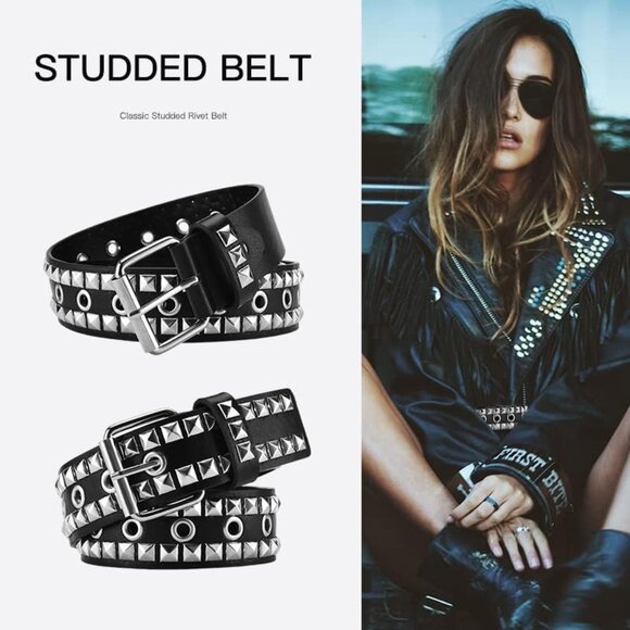 Women's 3 - Black Metal Punk Rock Rivet Belt With Bright Pyramid Studded - Picture 2 of 8